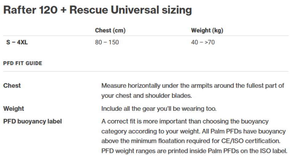 Palm Universal Vest Mens Størrelsesskema